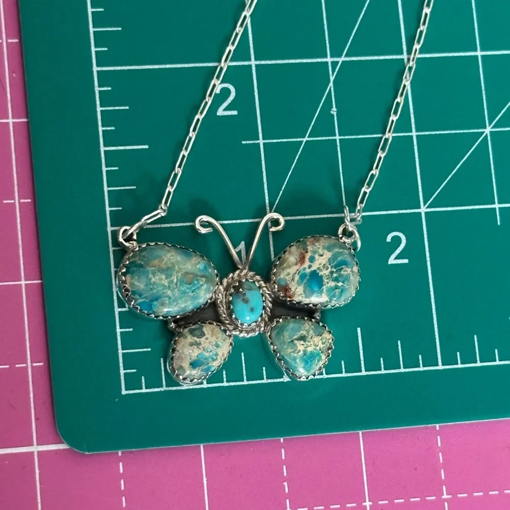 Turquoise & Sea Sediment Jasper Butterfly Southwestern Sterling Silver Necklace - Picture 3 of 9